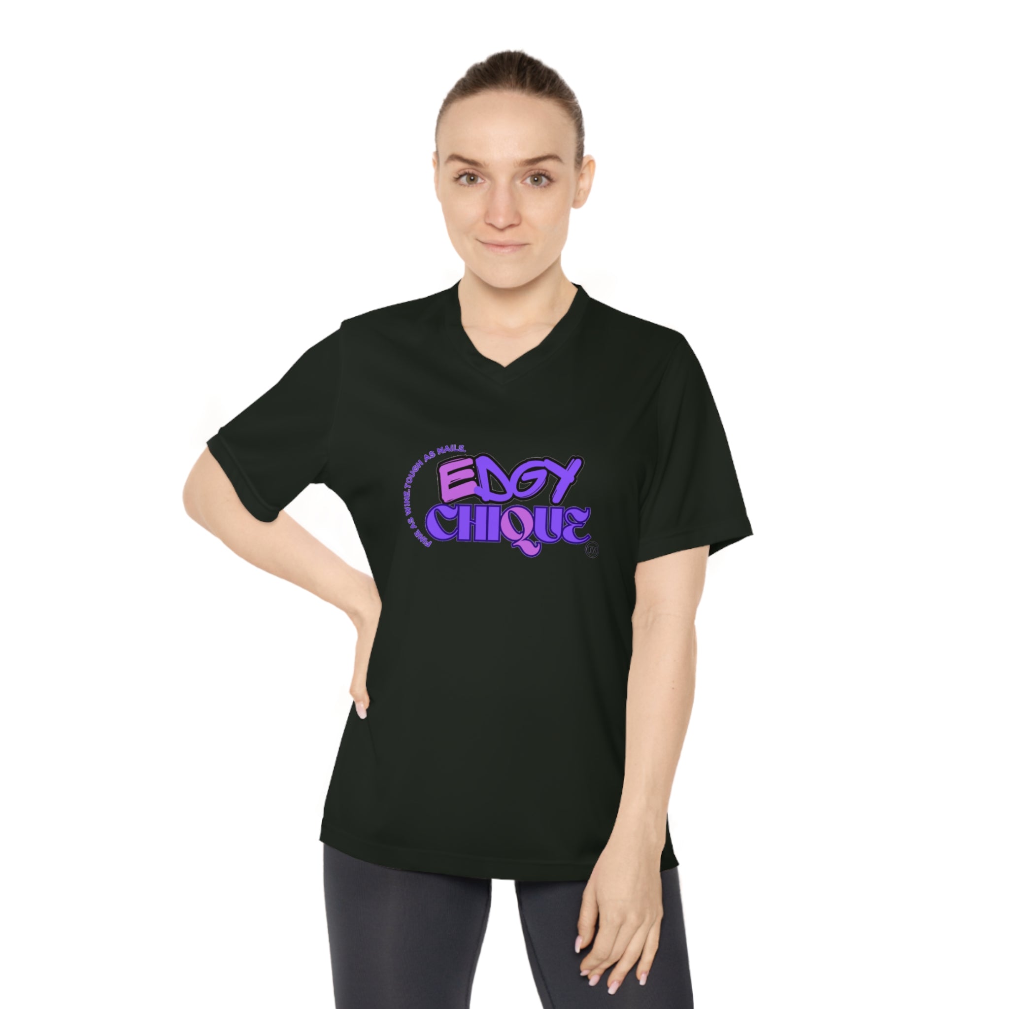 Collection of Edgy Chique Women's V-Neck Performance T-Shirt - Bold Graphic Tee for Active Lifestyle in a gallery layout