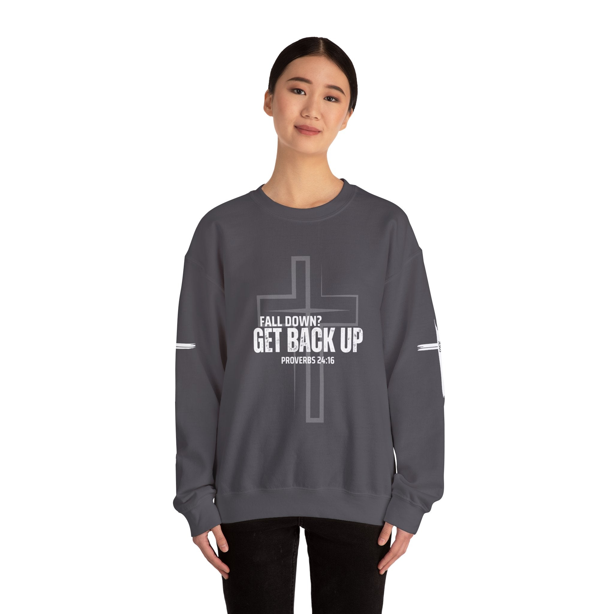 Collection of Inspirational Crewneck Sweatshirt - 'Get Back Up' Proverbs 24:16 in a gallery layout