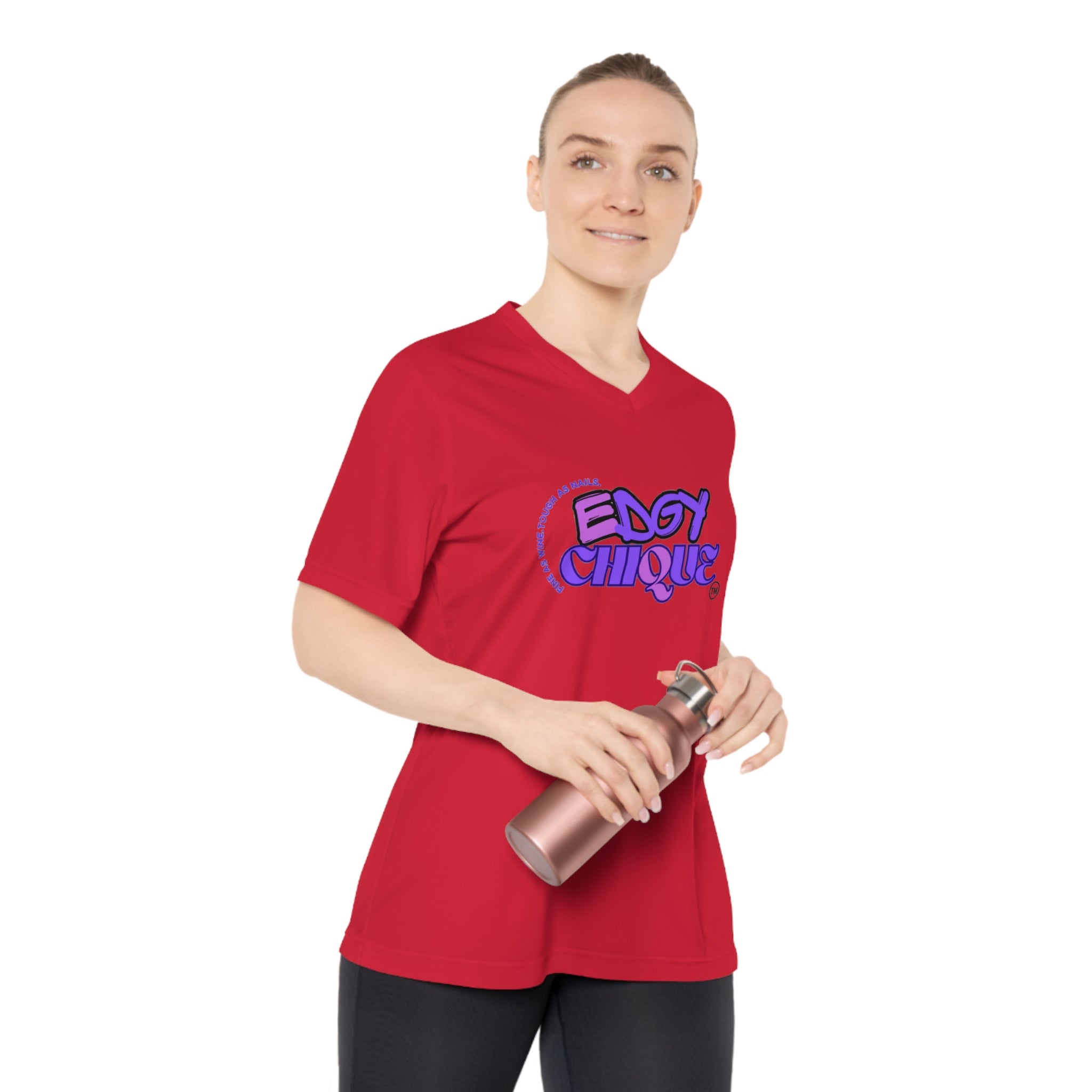 Collection of Edgy Chique Women's V-Neck Performance T-Shirt - Bold Graphic Tee for Active Lifestyle in a gallery layout