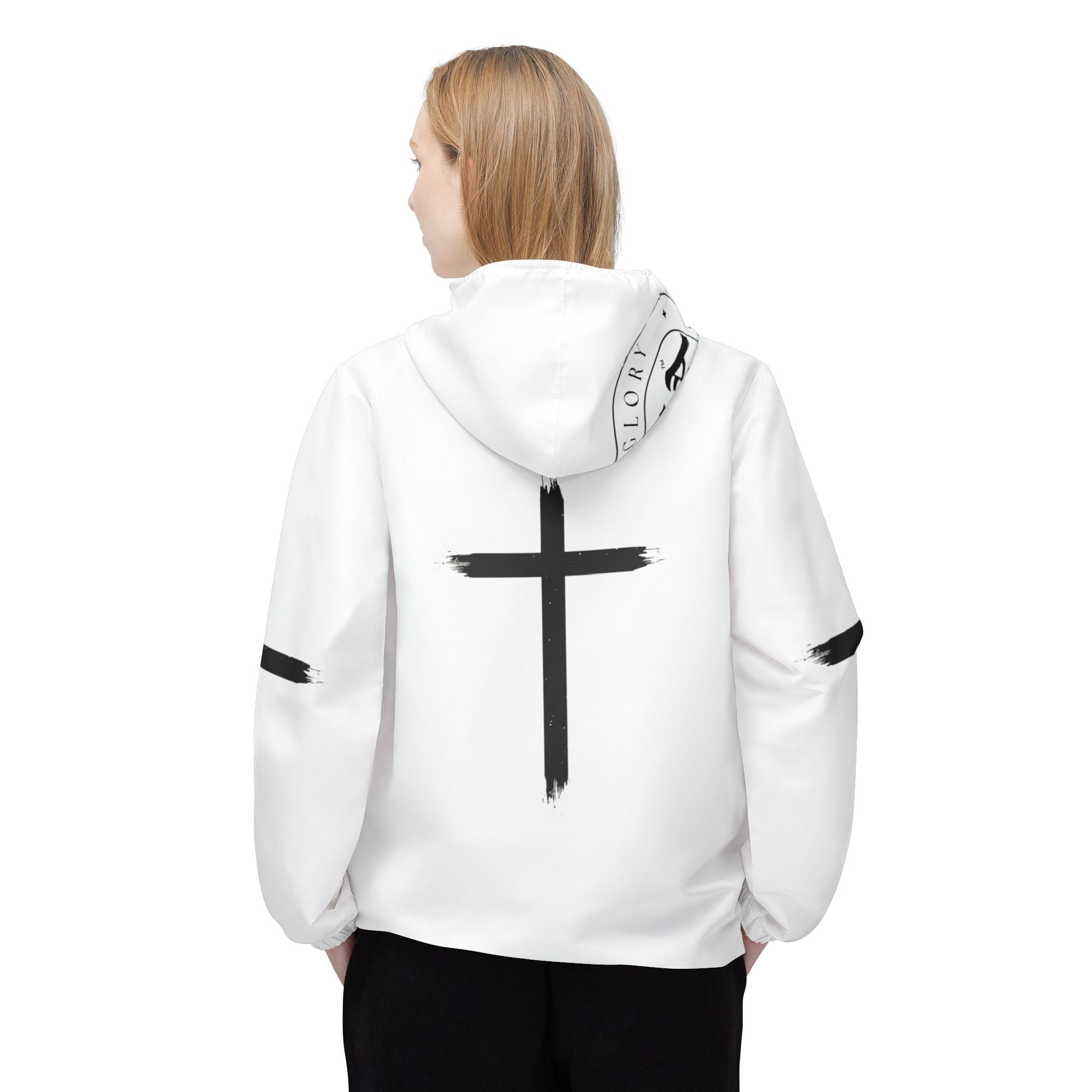 Collection of Glory Apparel Unisex Windbreaker Jacket - Logo on Chest and Hood with Jesus Cross in a gallery layout