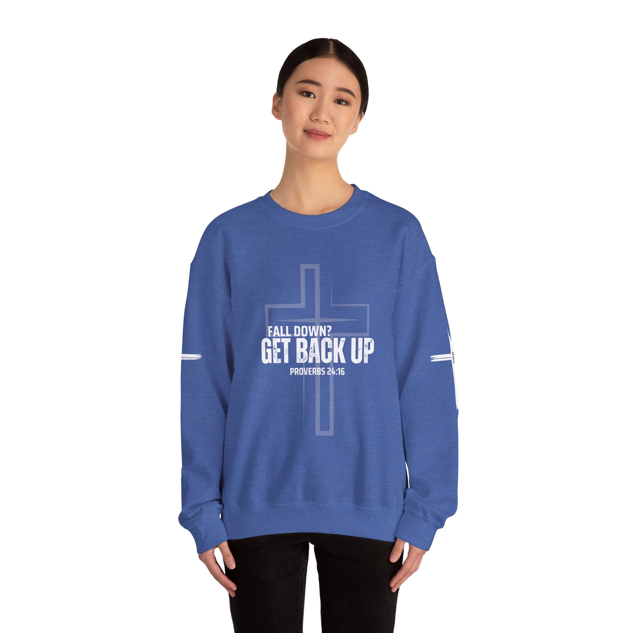 Collection of Inspirational Crewneck Sweatshirt - 'Get Back Up' Proverbs 24:16 in a gallery layout