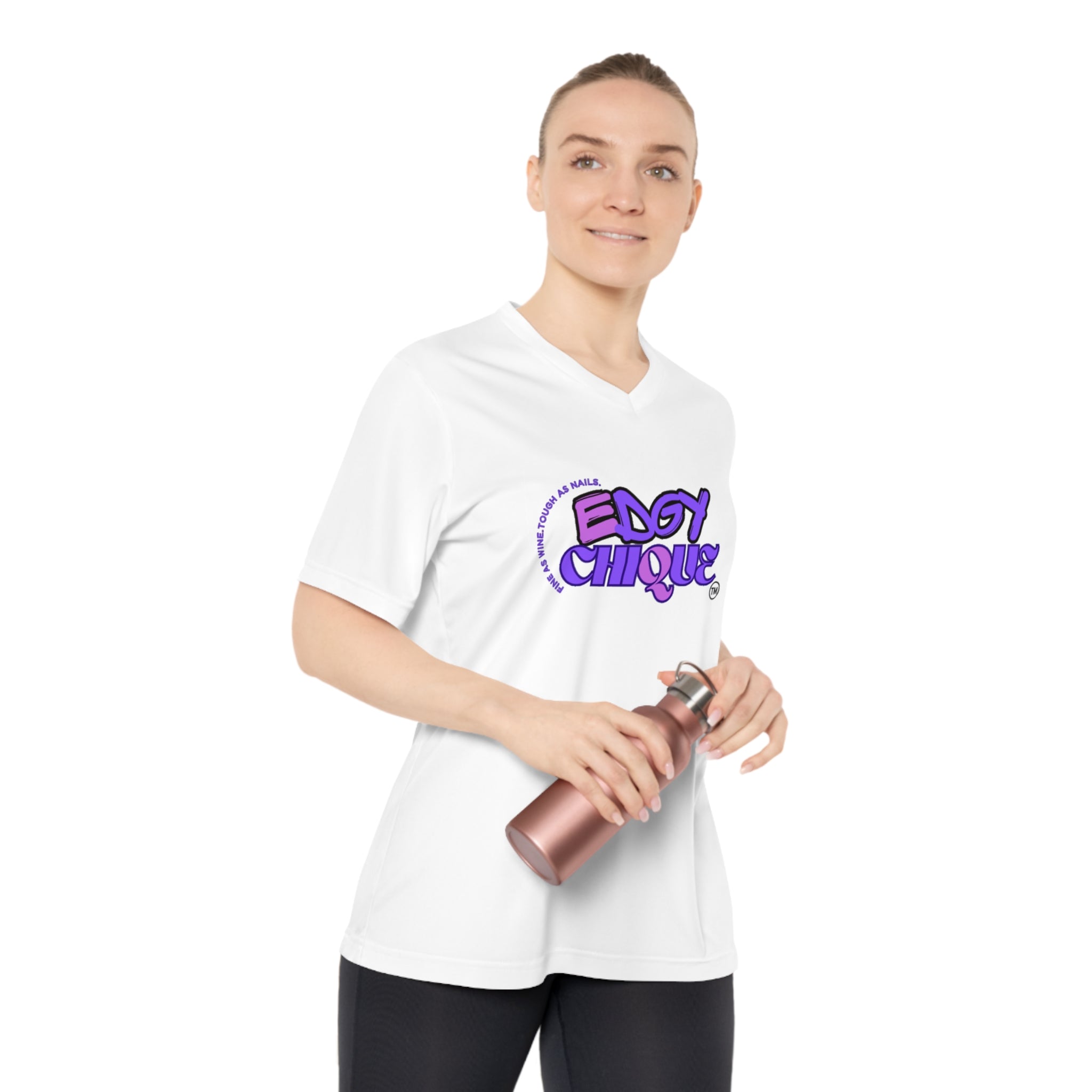 Collection of Edgy Chique Women's V-Neck Performance T-Shirt - Bold Graphic Tee for Active Lifestyle in a gallery layout