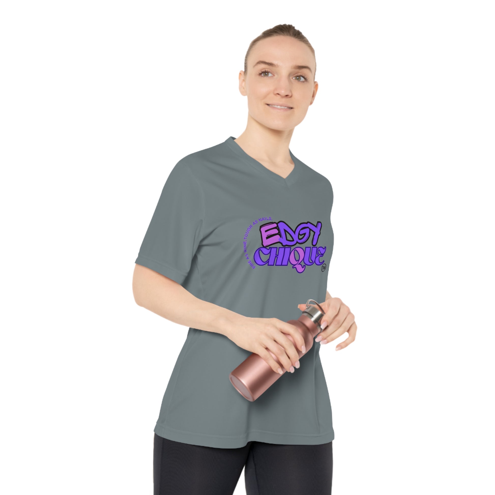 Edgy Chique Women's V-Neck Performance T-Shirt - Bold Graphic Tee for Active Lifestyle