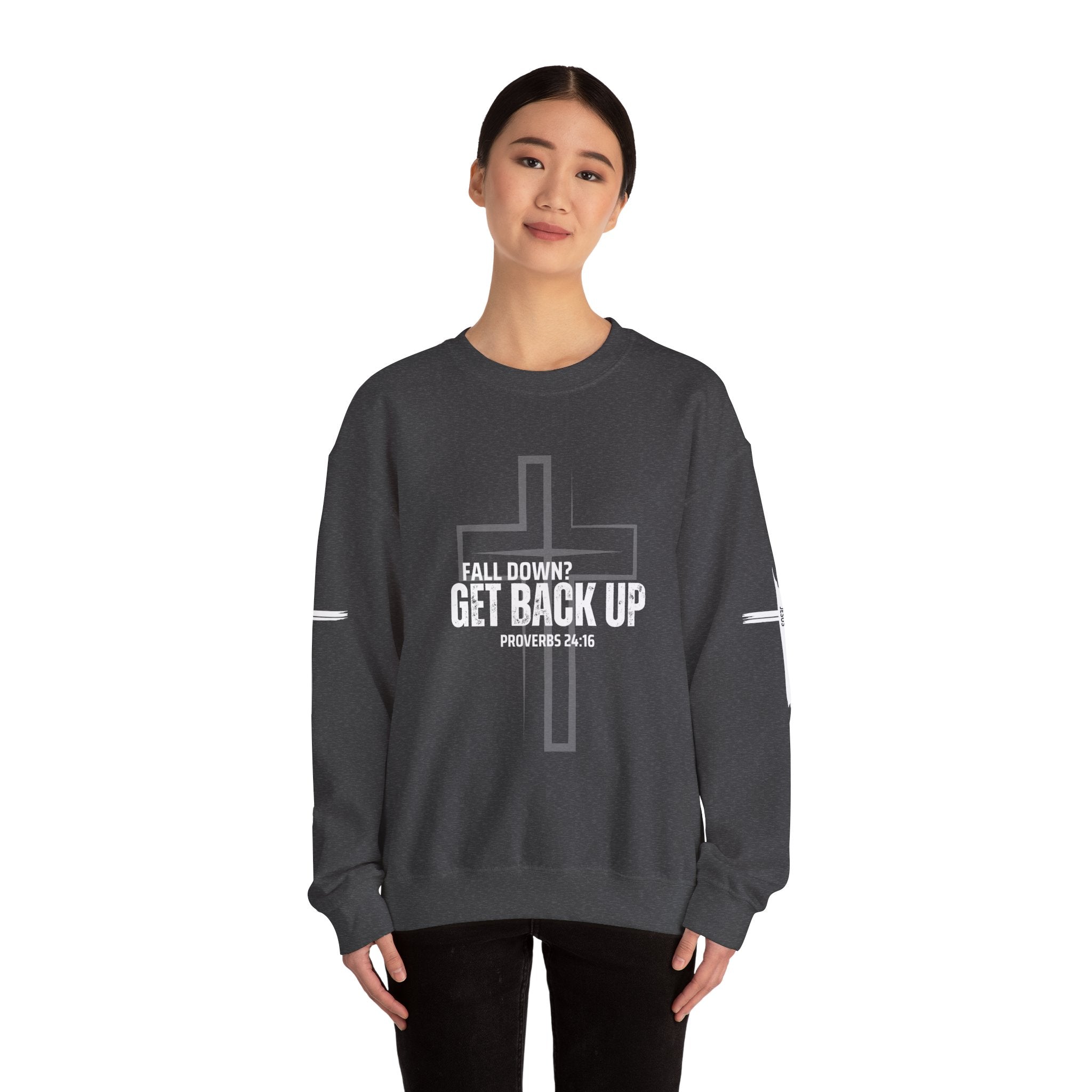 Collection of Inspirational Crewneck Sweatshirt - 'Get Back Up' Proverbs 24:16 in a gallery layout