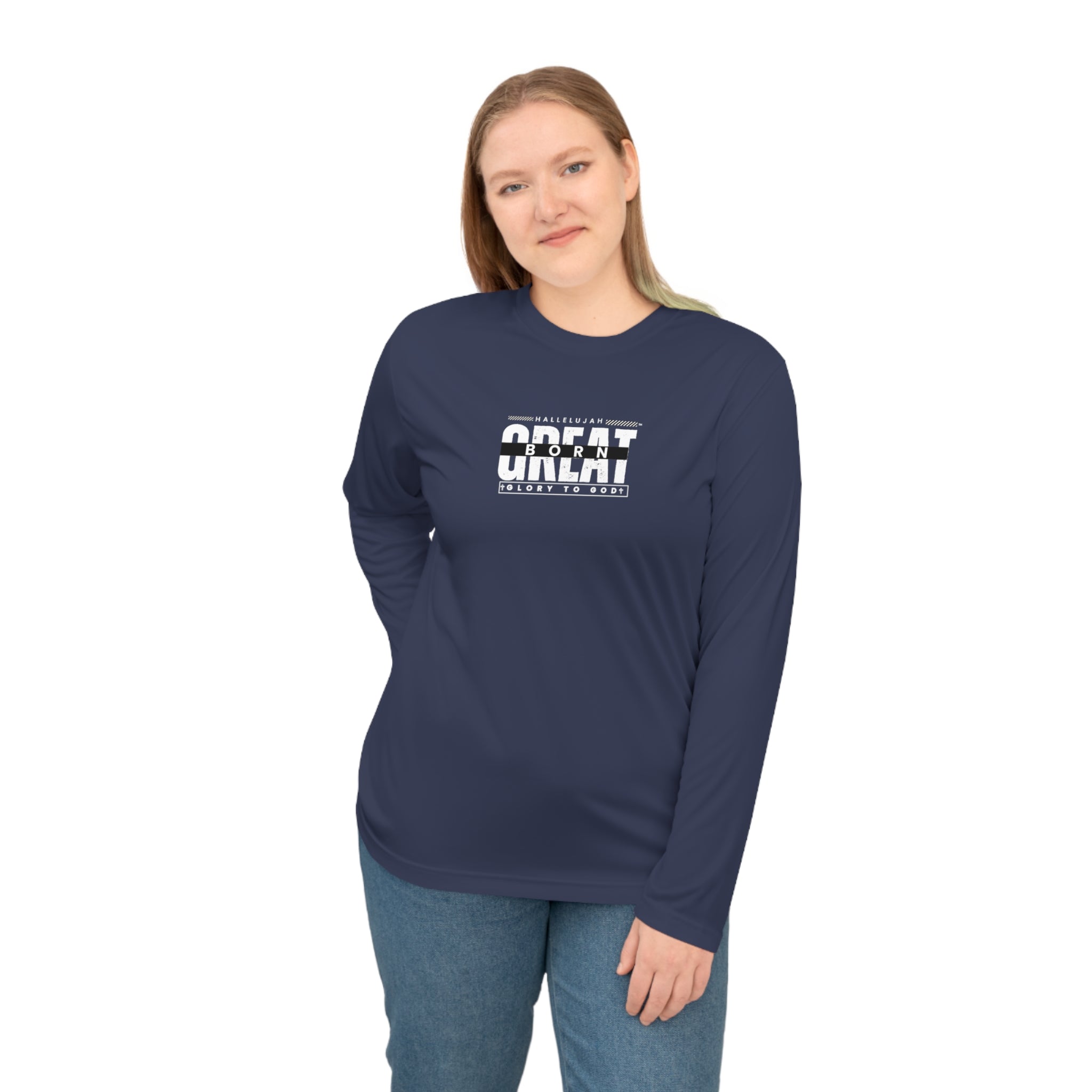 Collection of Glory Gear Hallelujah Born Great Unisex Performance Long Sleeve Shirt in a gallery layout