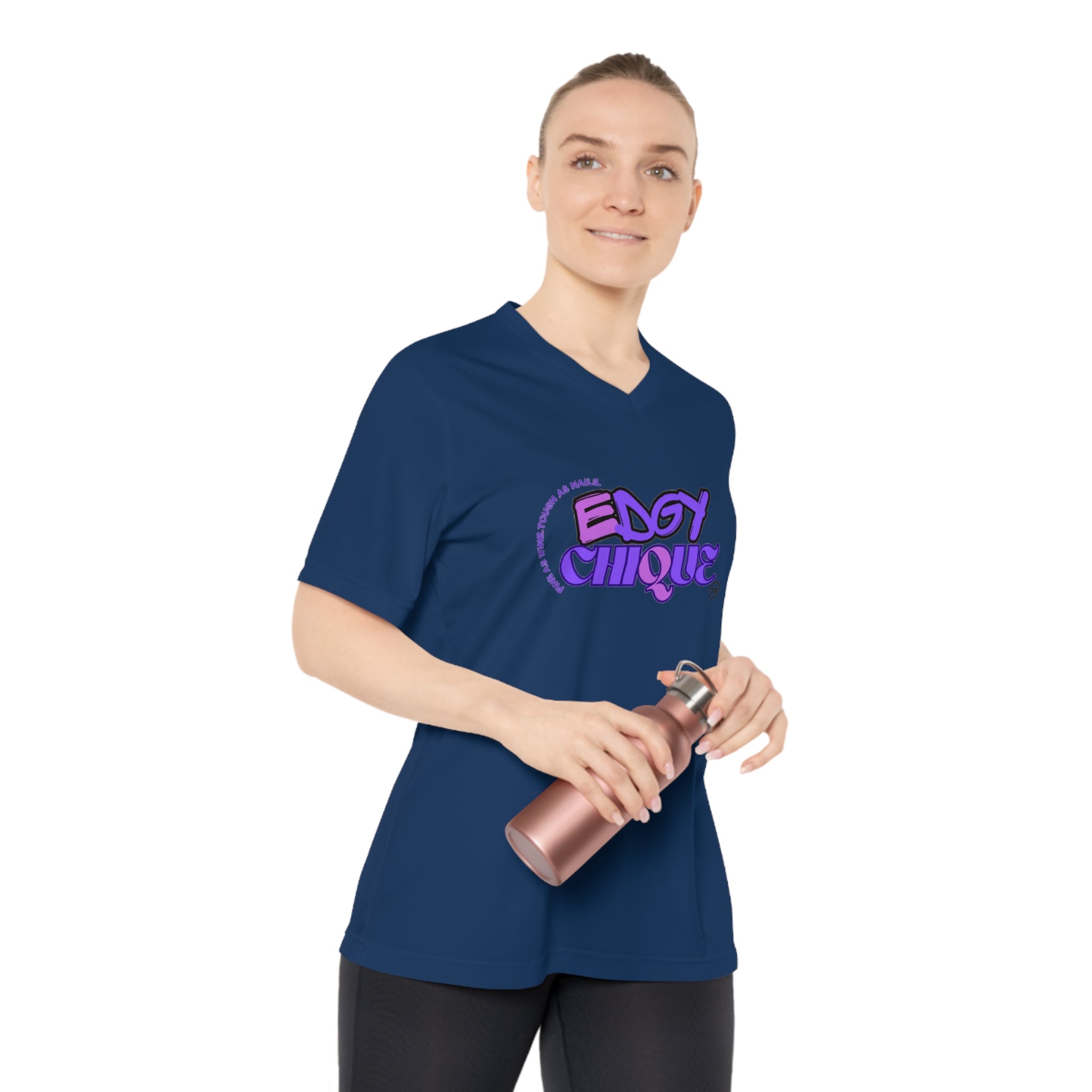 Collection of Edgy Chique Women's V-Neck Performance T-Shirt - Bold Graphic Tee for Active Lifestyle in a gallery layout