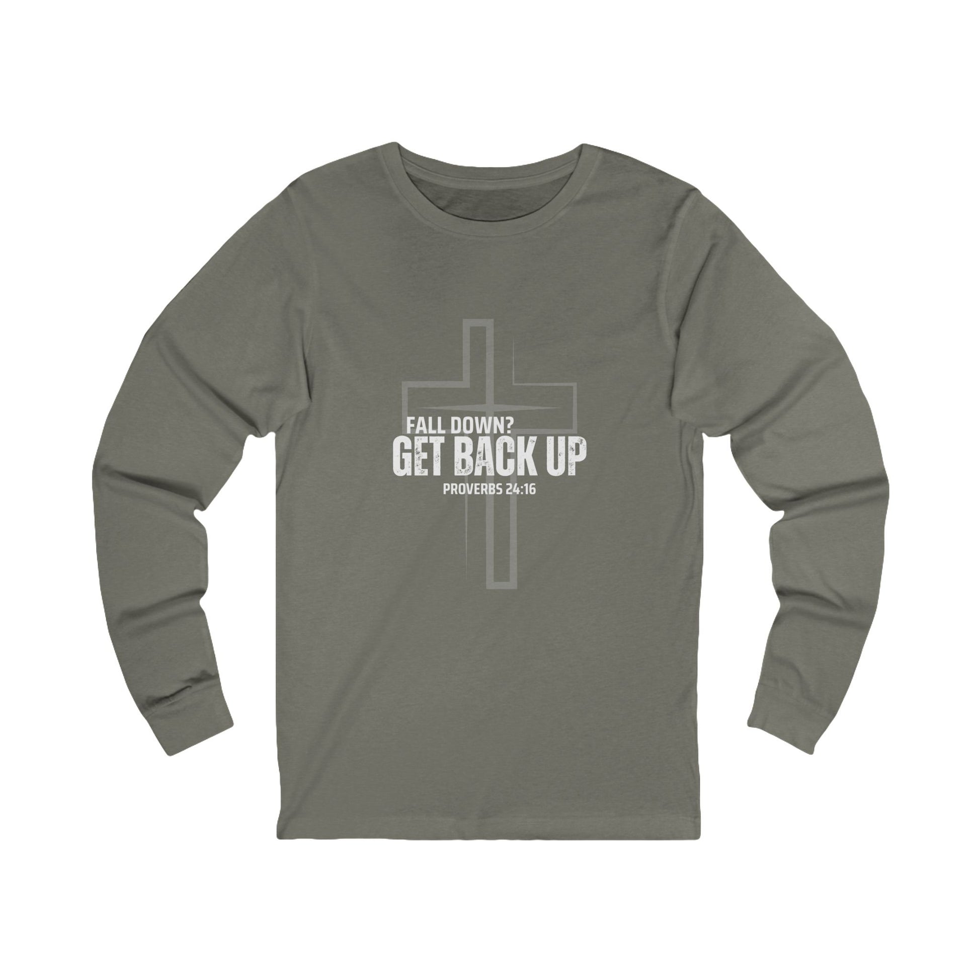 Inspirational Long Sleeve Tee - 'Fall Down? Get Back Up' with Cross Design