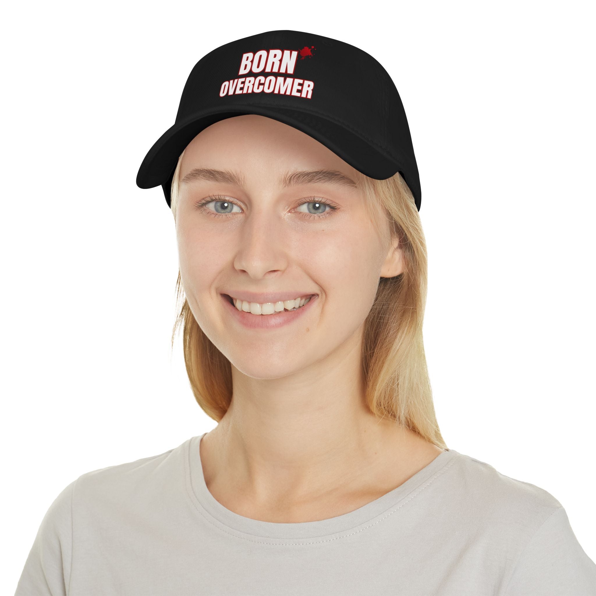 Collection of Born Overcomer Low Profile Baseball Cap - Motivational Red Hat in a gallery layout