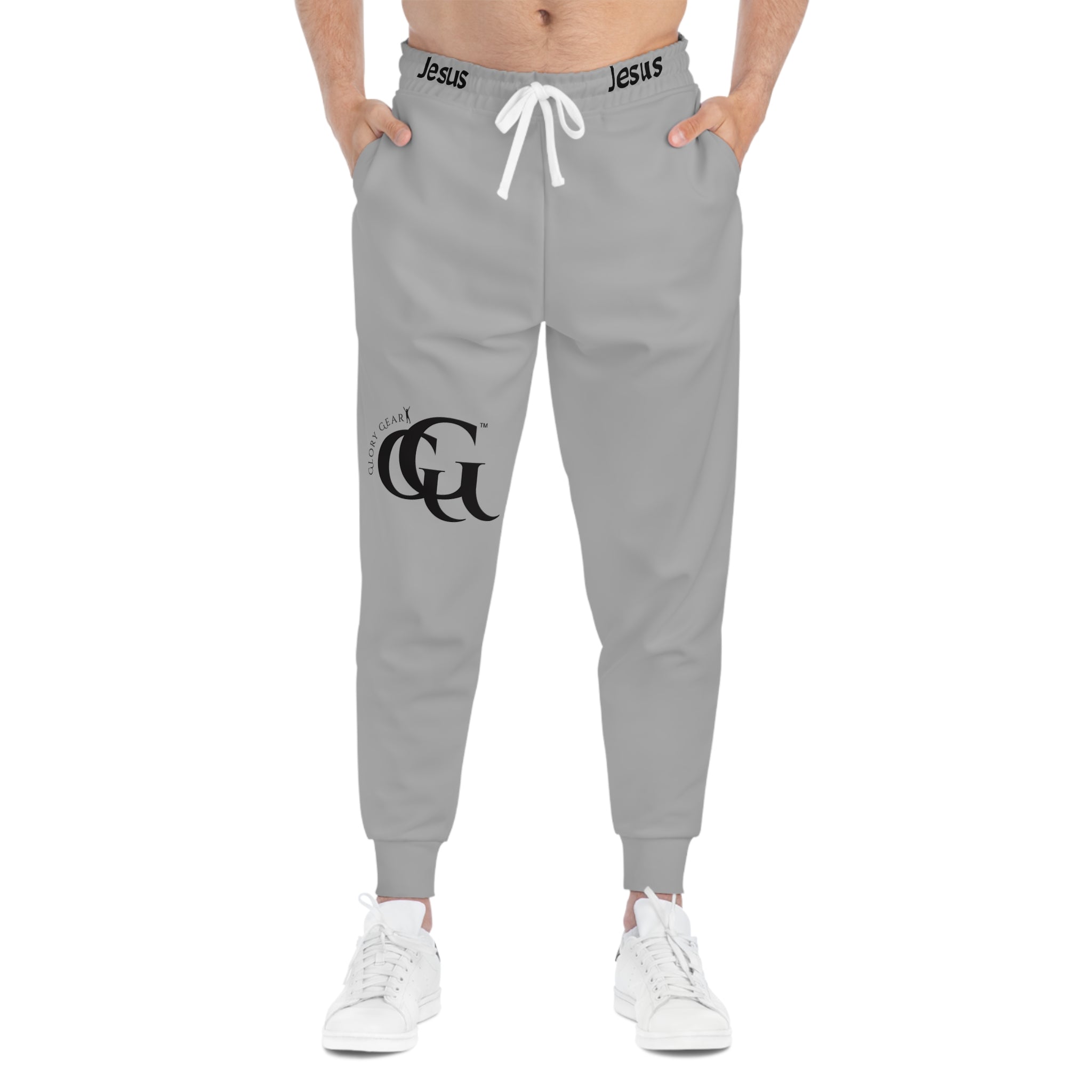 Collection of Glory Gear Inspirational Athletic Joggers with 'Jesus' Design - Perfect for Workouts and Everyday Comfort in a gallery layout